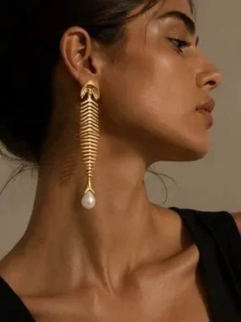 Gold Fishbone Drop Earring with Pearl Teardrop